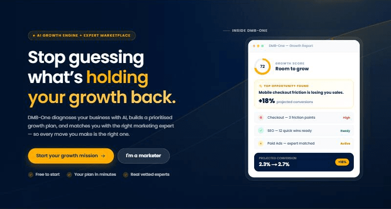 The DigitalMarketingBees home page, showing a sample growth score from its growth report